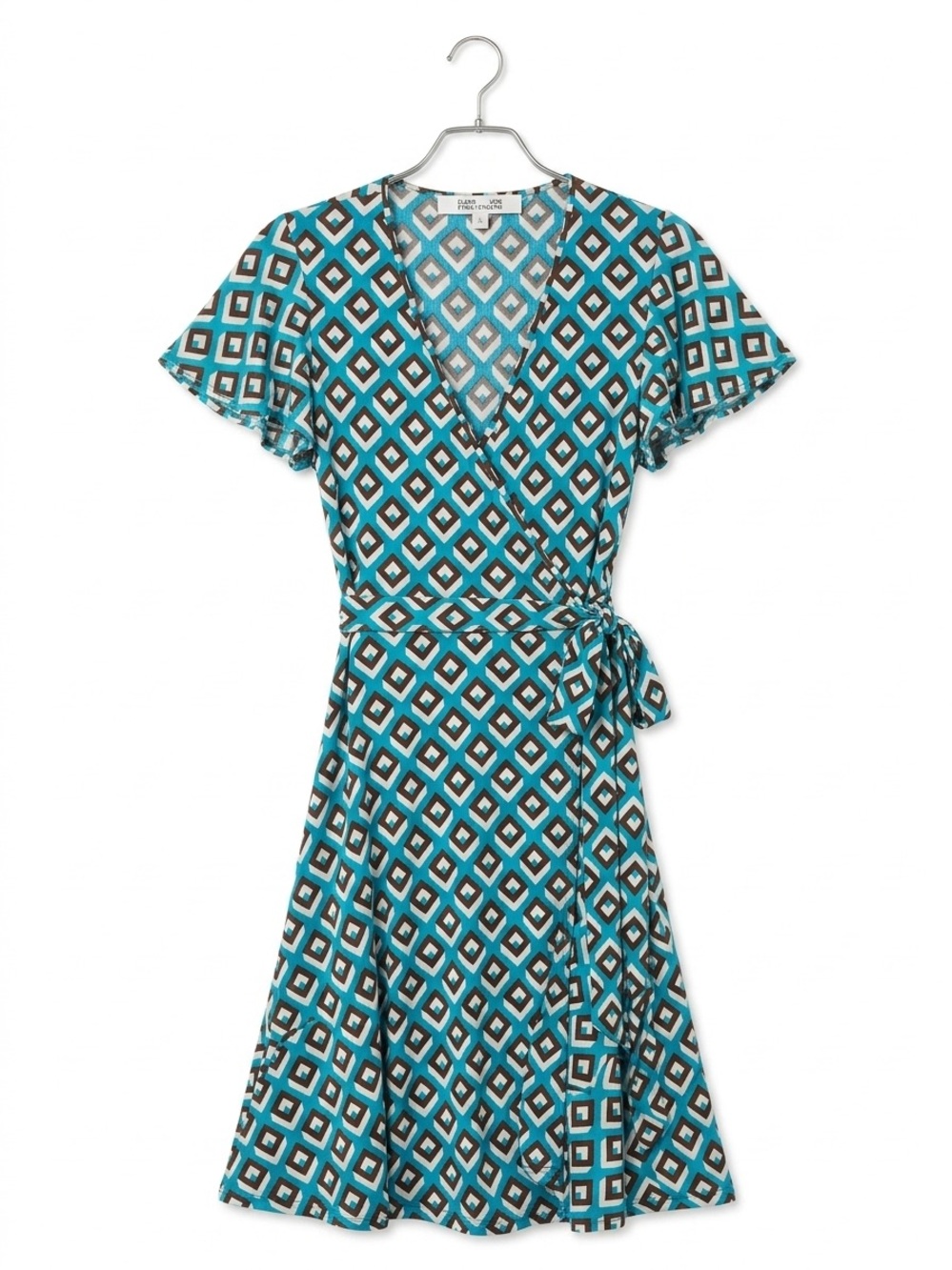 Diane Von Furstenberg Turquoise, White and Brown Geometric Wrap Mini Dress